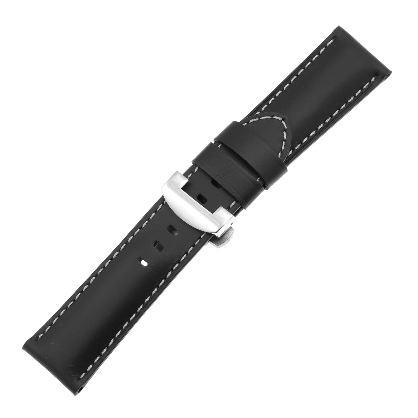 DASSARI Smooth Leather Strap for Deployant Clasp Black (Black Stitching)