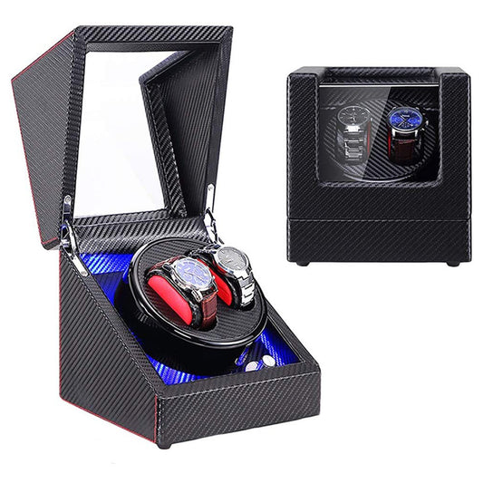 Carbon Fiber Watch Winder for 2 Watches with LED Lights