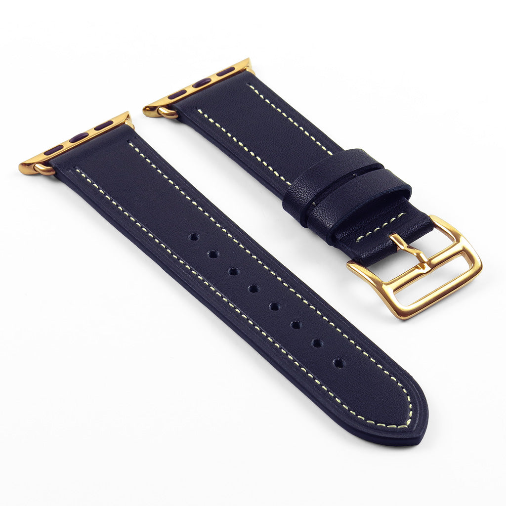 DASSARI Smooth Leather Strap for Apple Watch w/ Yellow Gold Buckle
