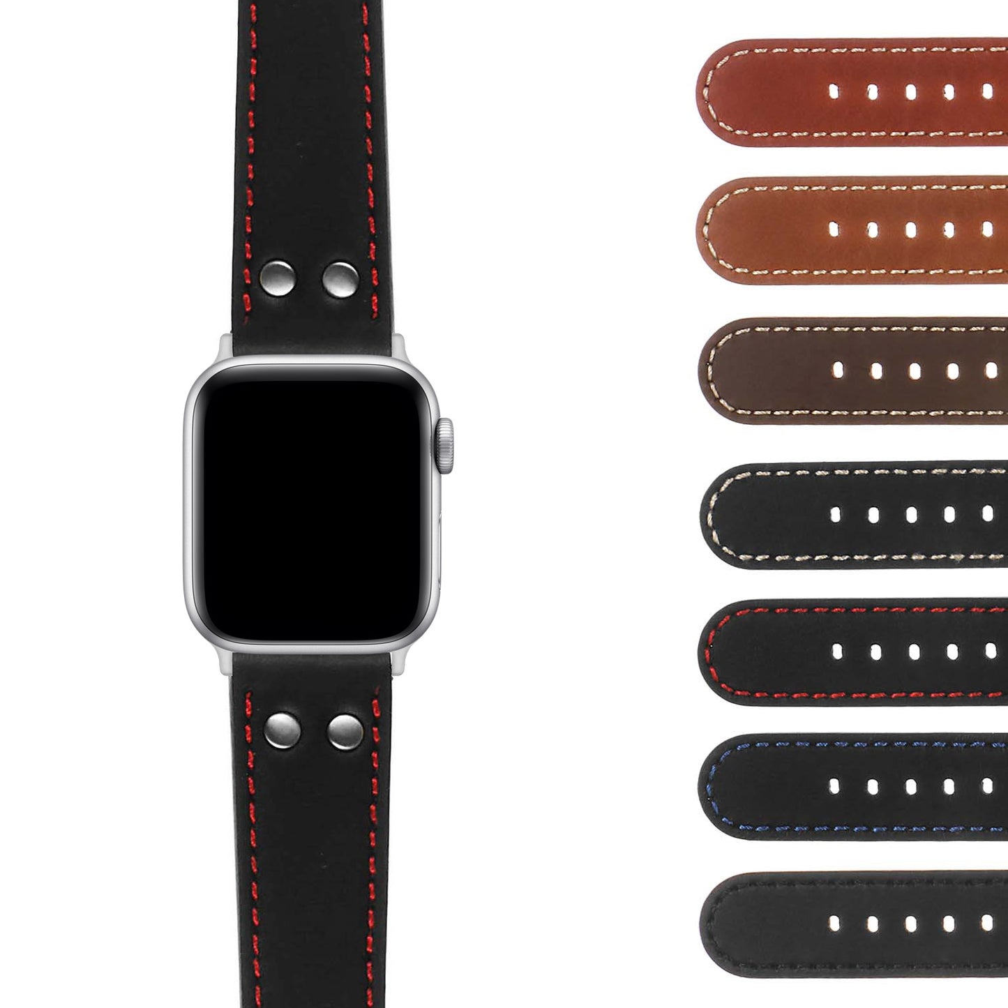 DASSARI Pilot Leather Watch Band w/ Matte Black Rivets for Apple Watch