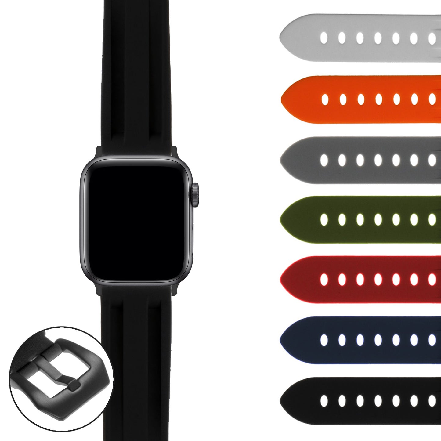Silicone Watch Strap with Brushed Stainless Steel Pre-V Buckle for Apple Watch