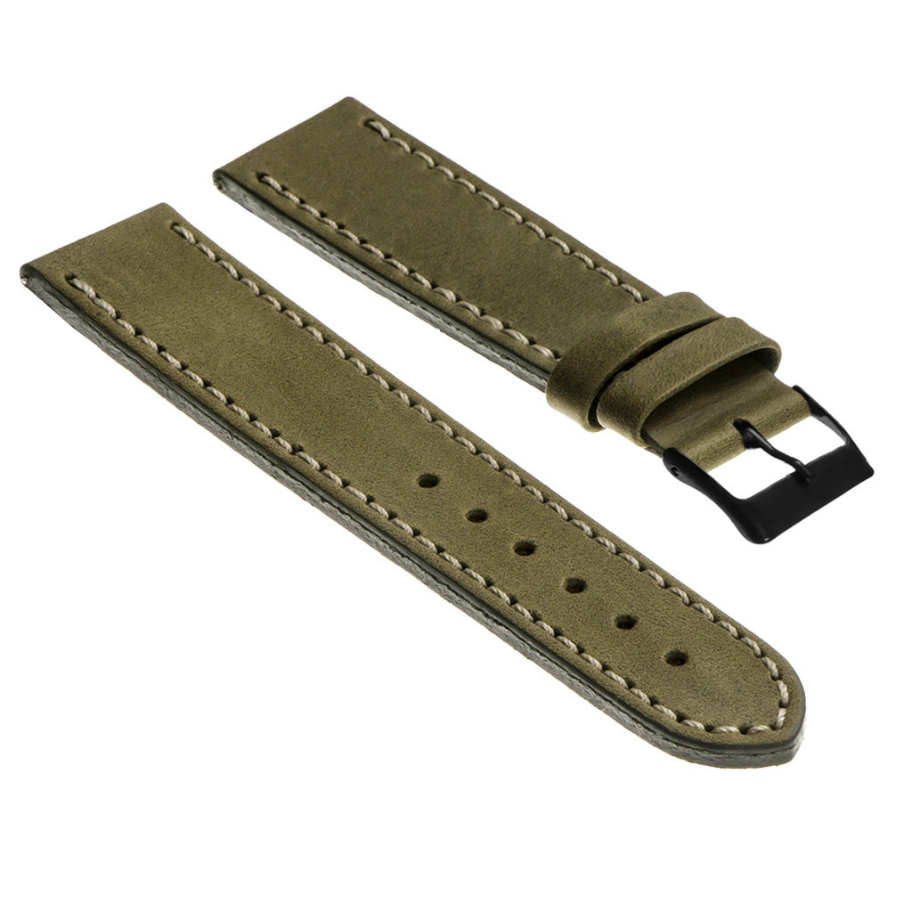 Vintage Top Grain Leather Watch Strap With Matte Black Buckle: Short Length
