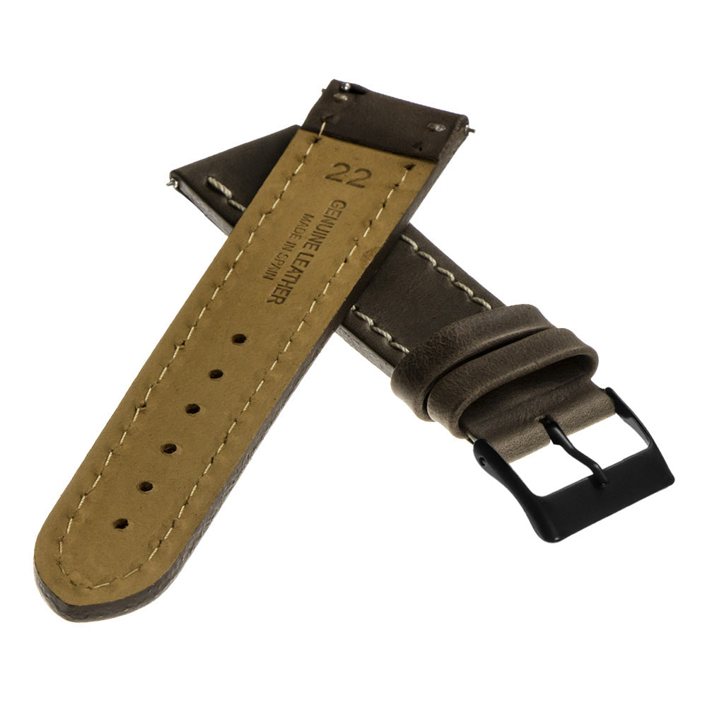 Vintage Top Grain Leather Watch Strap With Matte Black Buckle: Regular Length