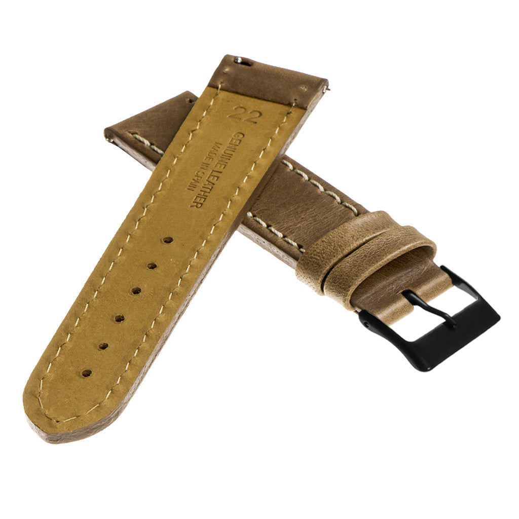 Vintage Top Grain Leather Watch Strap With Matte Black Buckle: Regular Length