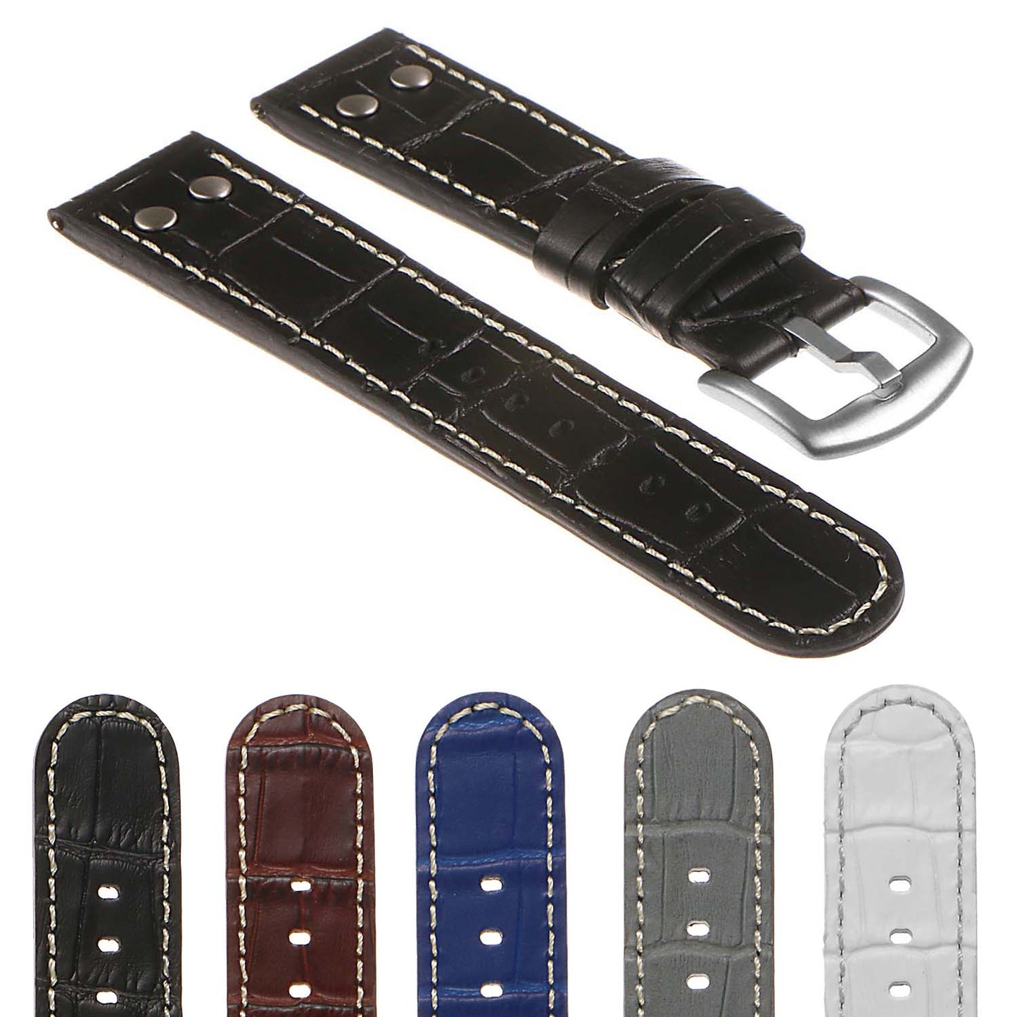DASSARI Croc Embossed Leather Pilot Watch Band w/ Matte Black Rivets for Apple Watch