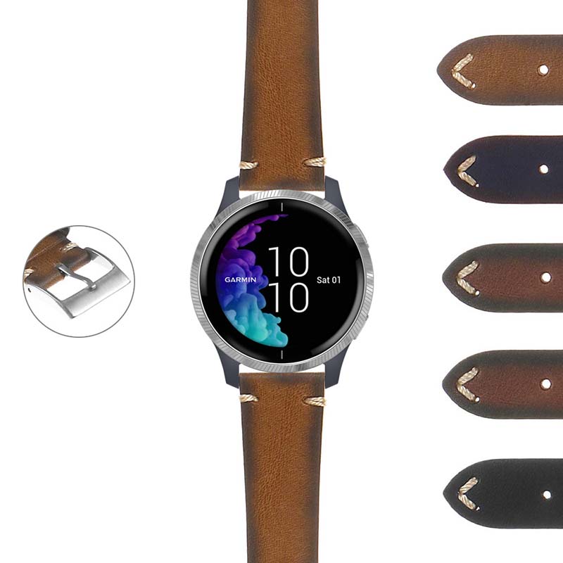 DASSARI Regal II Vintage Leather Quick Release Strap w/ Hand Sewn Stitching for Garmin Forerunner 745