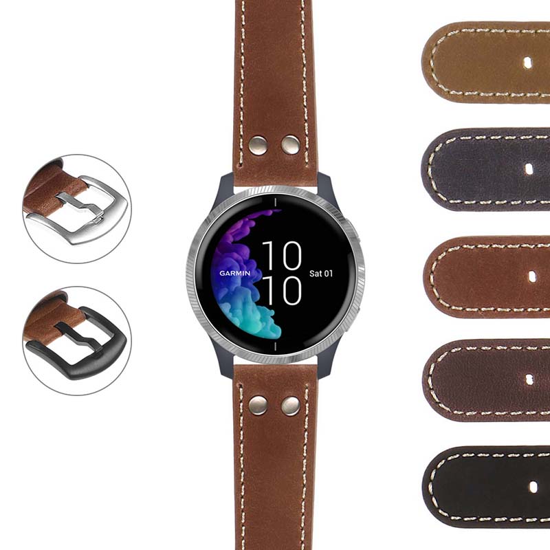 DASSARI Vintage Leather Pilot Strap w/ Rivets Garmin Forerunner 745
