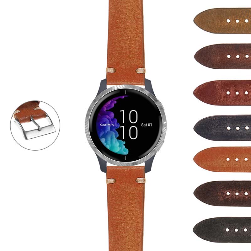 Hand-Stitched Vintage Washed Leather Strap for Garmin Forerunner 745