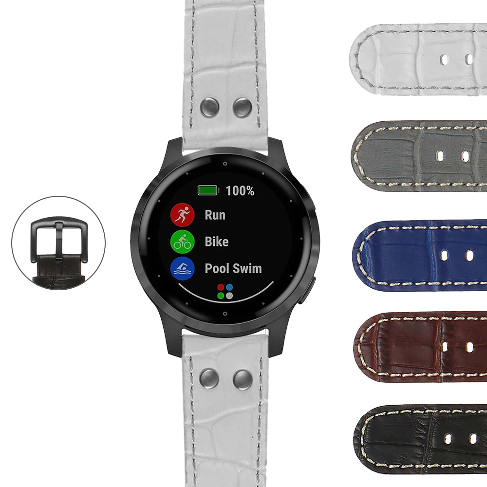 DASSARI Croc Embossed Leather Pilot Strap with Black Rivets for Garmin Vivoactive 4