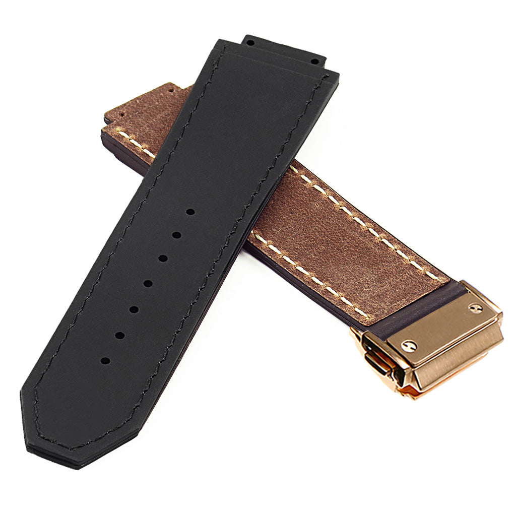 DASSARI Vintage Leather Strap for Hublot Big Bang with Yellow Gold Clasp