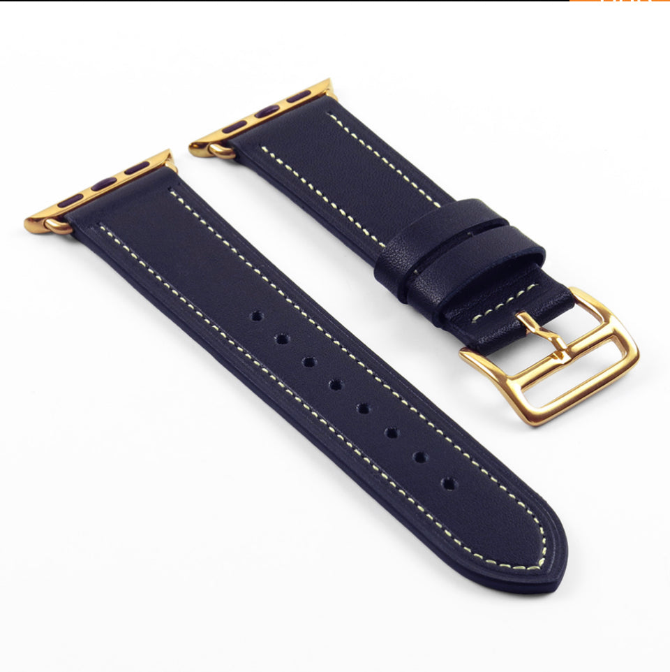 DASSARI Smooth Leather Strap for Apple Watch w/ Yellow Gold Buckle