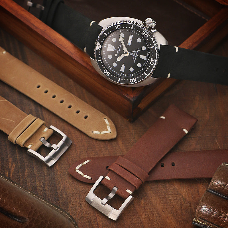 DASSARI Vintage Leather Strap w/ Minimal Stitching for Seiko Turtle