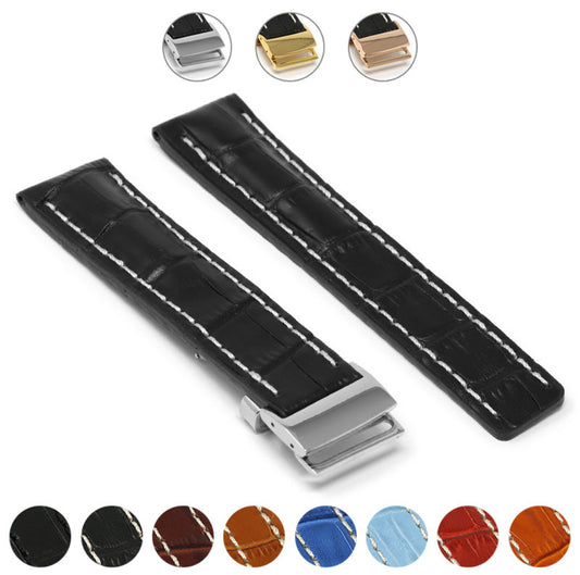 DASSARI Vintage Padded Crocodile Embossed Leather Strap for Deployment Clasp