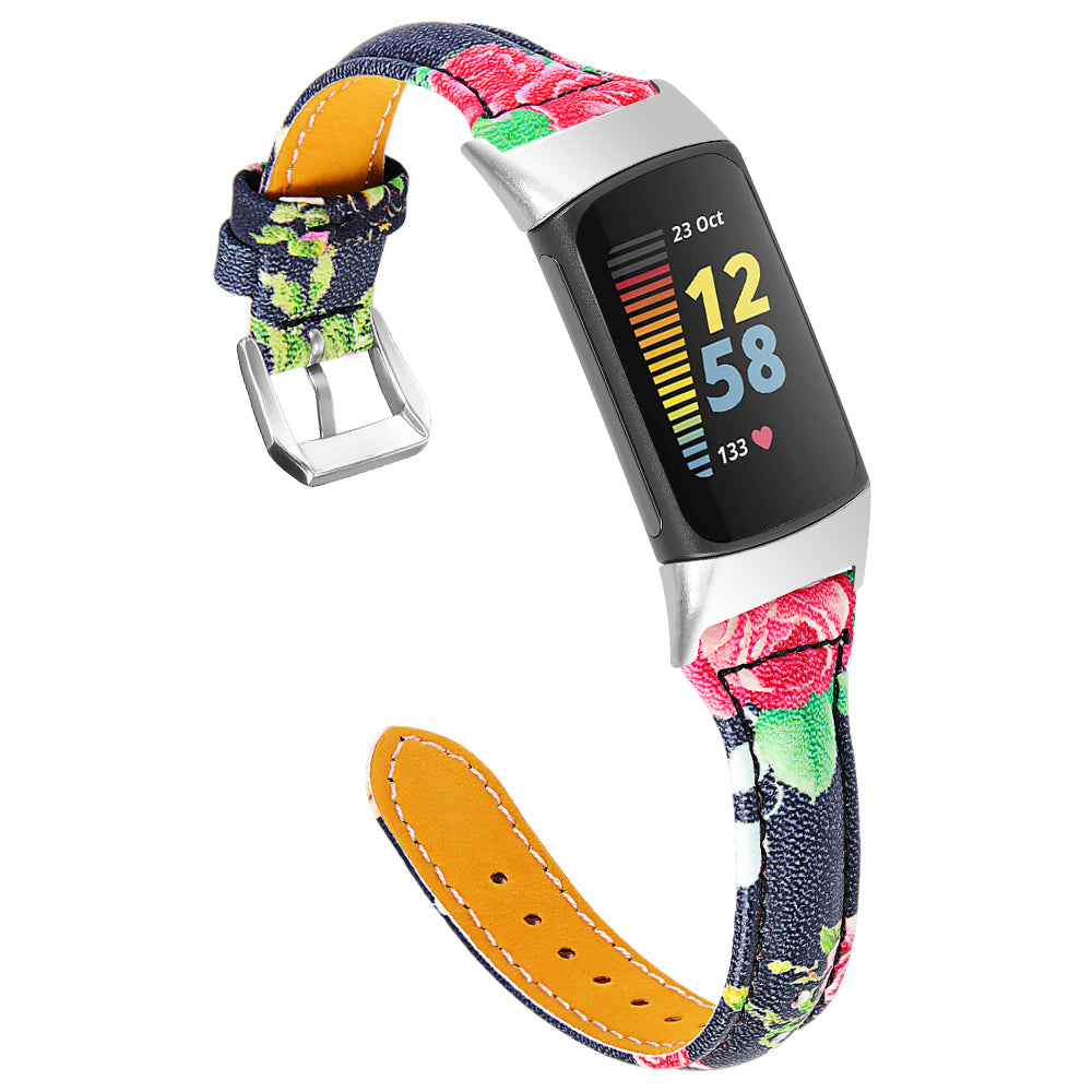 Floral Leather Strap For Fitbit Charge 6