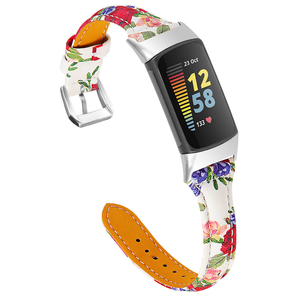 Floral Leather Strap For Fitbit Charge 6