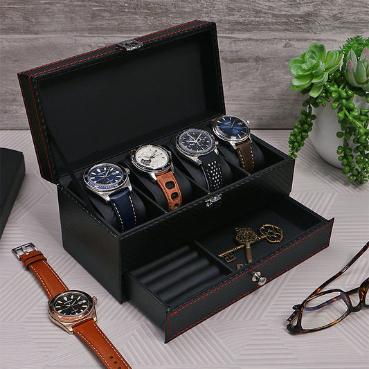 Black Carbon Fiber Watch & Jewelry Box for 4 Watches