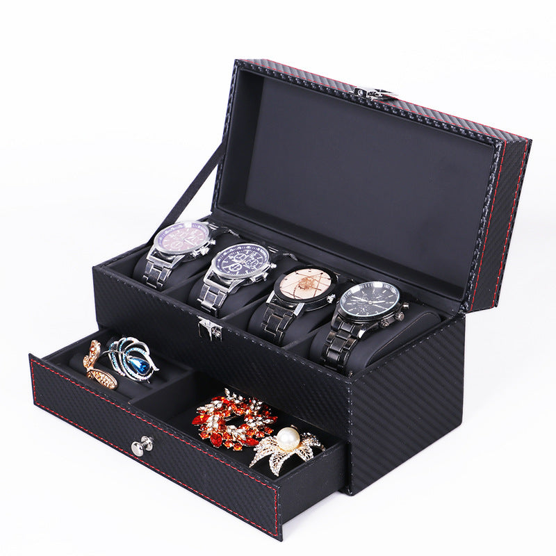 Black Carbon Fiber Watch & Jewelry Box for 4 Watches