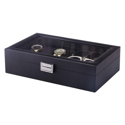 Black Carbon Fiber Combination Watch Sunglasses Box for 6 Watches