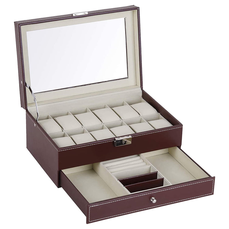 Brown & Beige Double Layer Combination Watch Sunglasses Box for 12 Watches