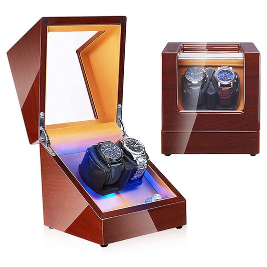 Glossy Brown Watch Winder for Two Watches with LED Lights