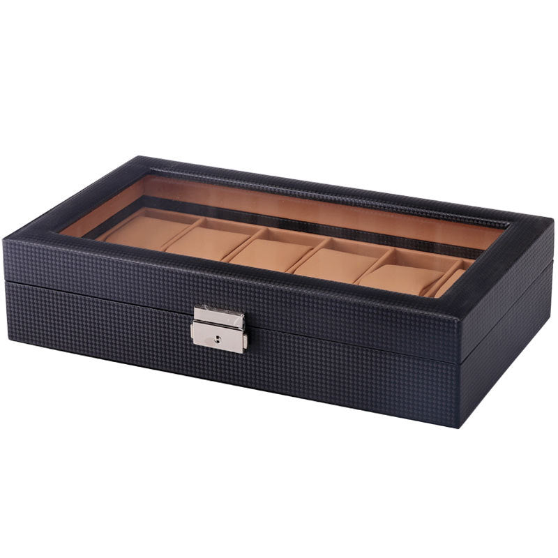 Carbon Fiber & Tan Watch Box for 12 Watches