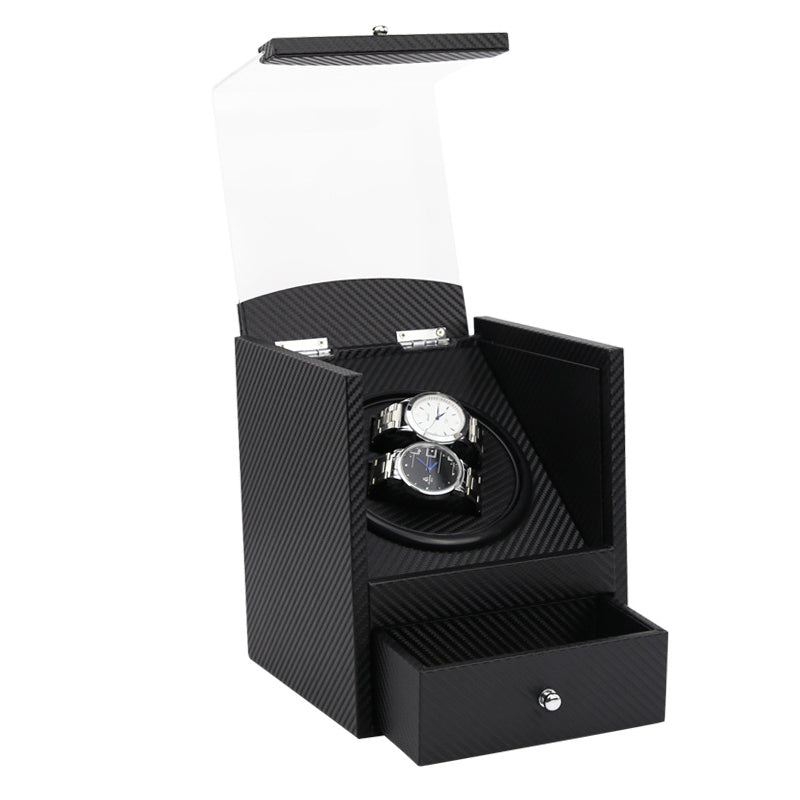 Carbon Fiber Watch Winder with Drawer for 2 Watches