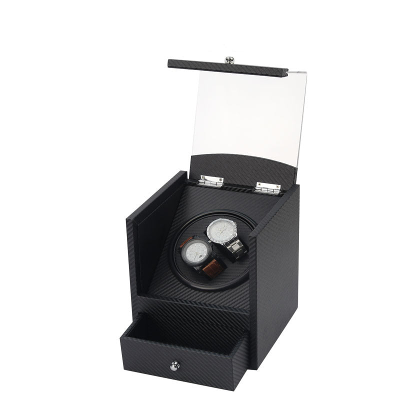 Carbon Fiber Watch Winder with Drawer for 2 Watches