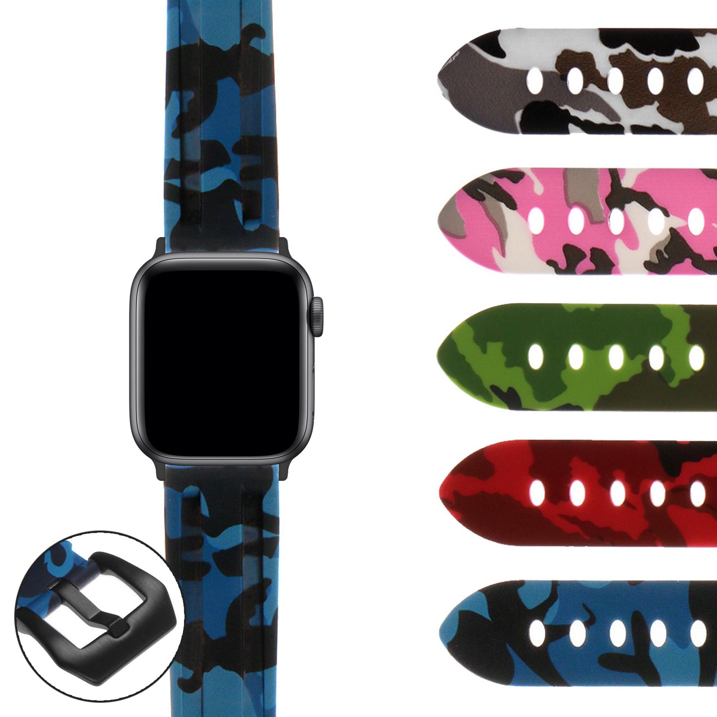 Camo Silicone Watch Strap with Brushed Stainless Steel Pre-V Buckle for Apple Watch