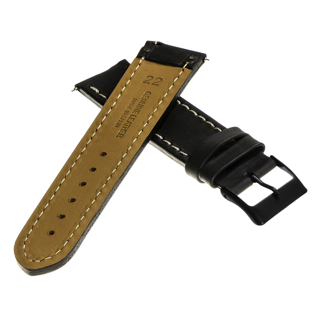 Vintage Top Grain Leather Watch Strap With Matte Black Buckle: Long Length