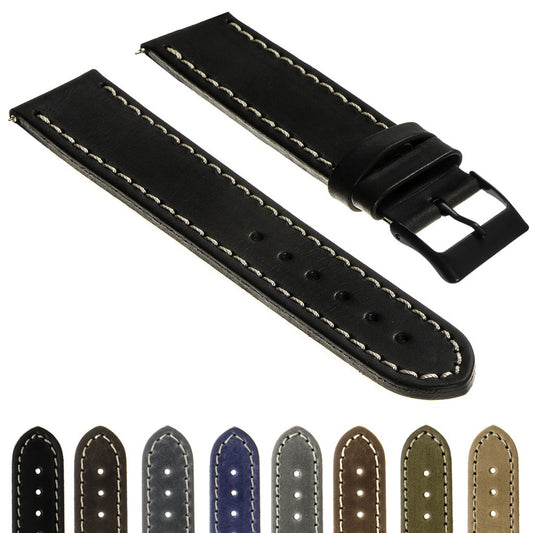 Vintage Top Grain Leather Watch Strap with Matte Black Buckle Short Length