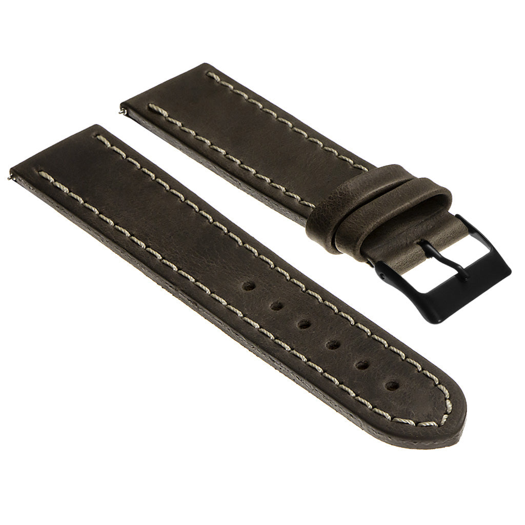 Vintage Top Grain Leather Watch Strap With Matte Black Buckle: Long Length