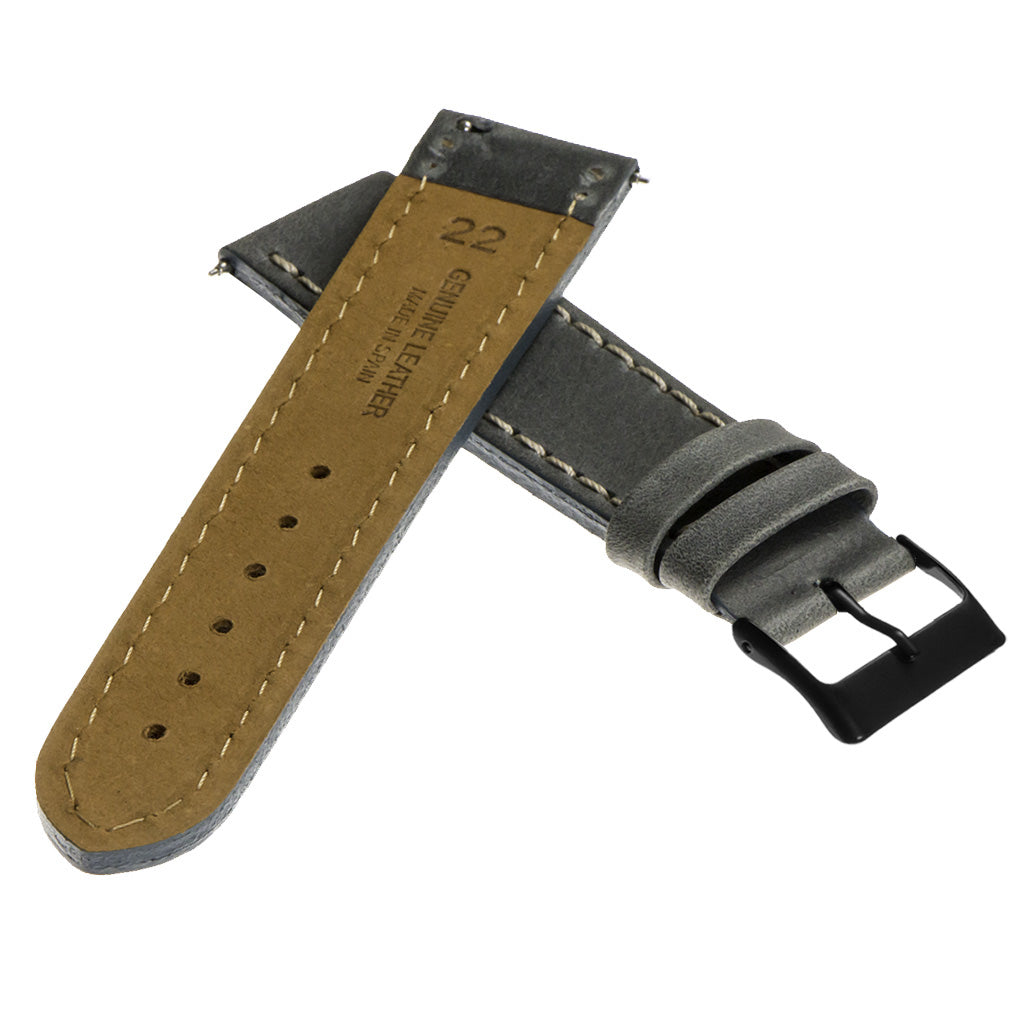 Vintage Top Grain Leather Watch Strap With Matte Black Buckle: Long Length
