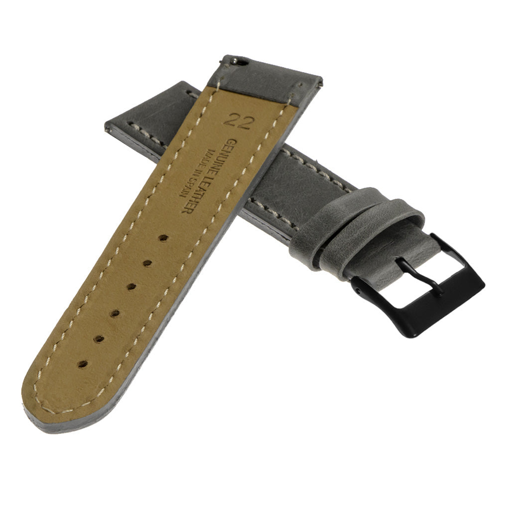 Vintage Top Grain Leather Watch Strap With Matte Black Buckle: Long Length