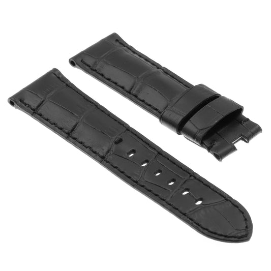DASSARI Croc Leather Strap for Deployant Clasp Black (Black Stitching)