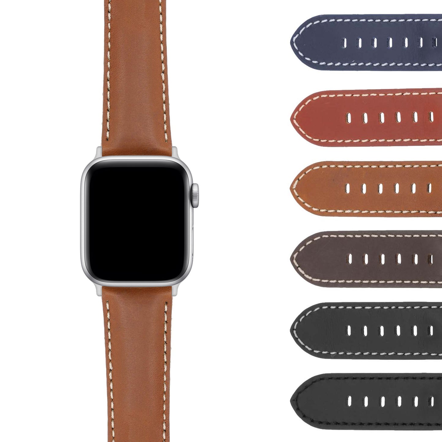 DASSARI Smooth Leather Strap w/ Silver Deployant Clasp for Apple Watch