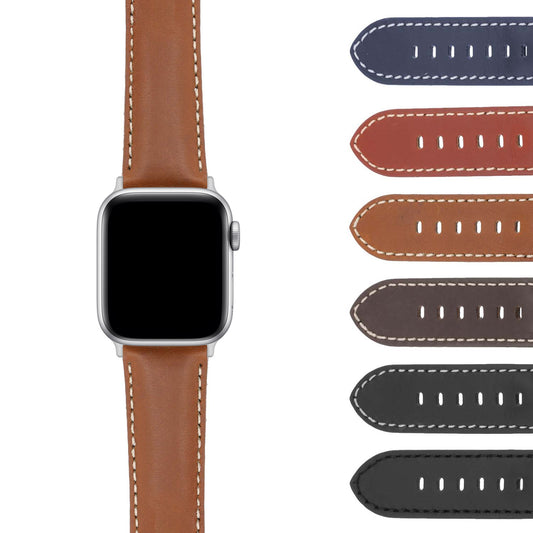 DASSARI Smooth Leather Strap w/ Silver Deployant Clasp for Apple Watch