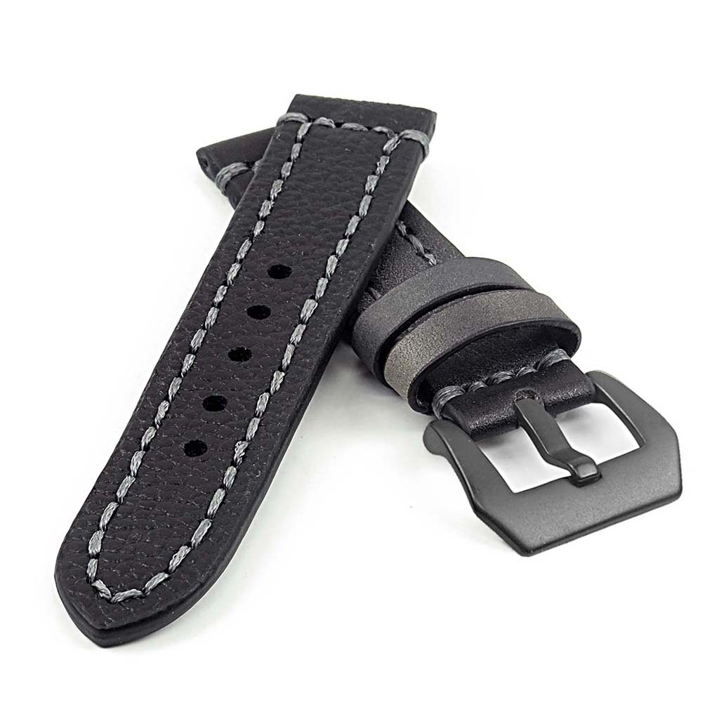 Thick Leather Strap with Darkened Ends w Matte Black Pre-V Buckle