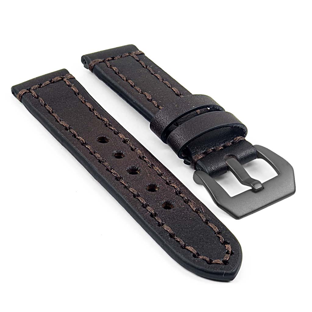 Thick Leather Strap with Darkened Ends w Matte Black Pre-V Buckle