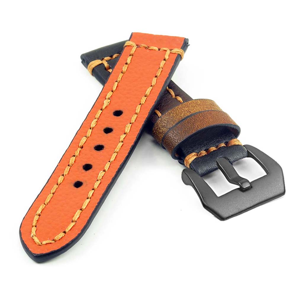 Thick Leather Strap with Darkened Ends w Matte Black Pre-V Buckle