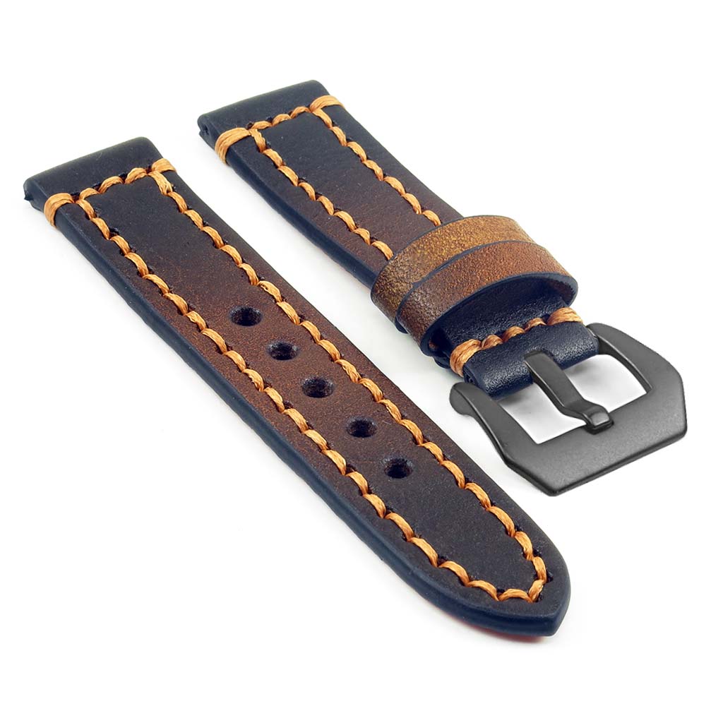 Thick Leather Strap with Darkened Ends w Matte Black Pre-V Buckle