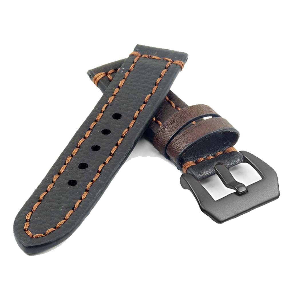 Thick Leather Strap with Darkened Ends w Matte Black Pre-V Buckle