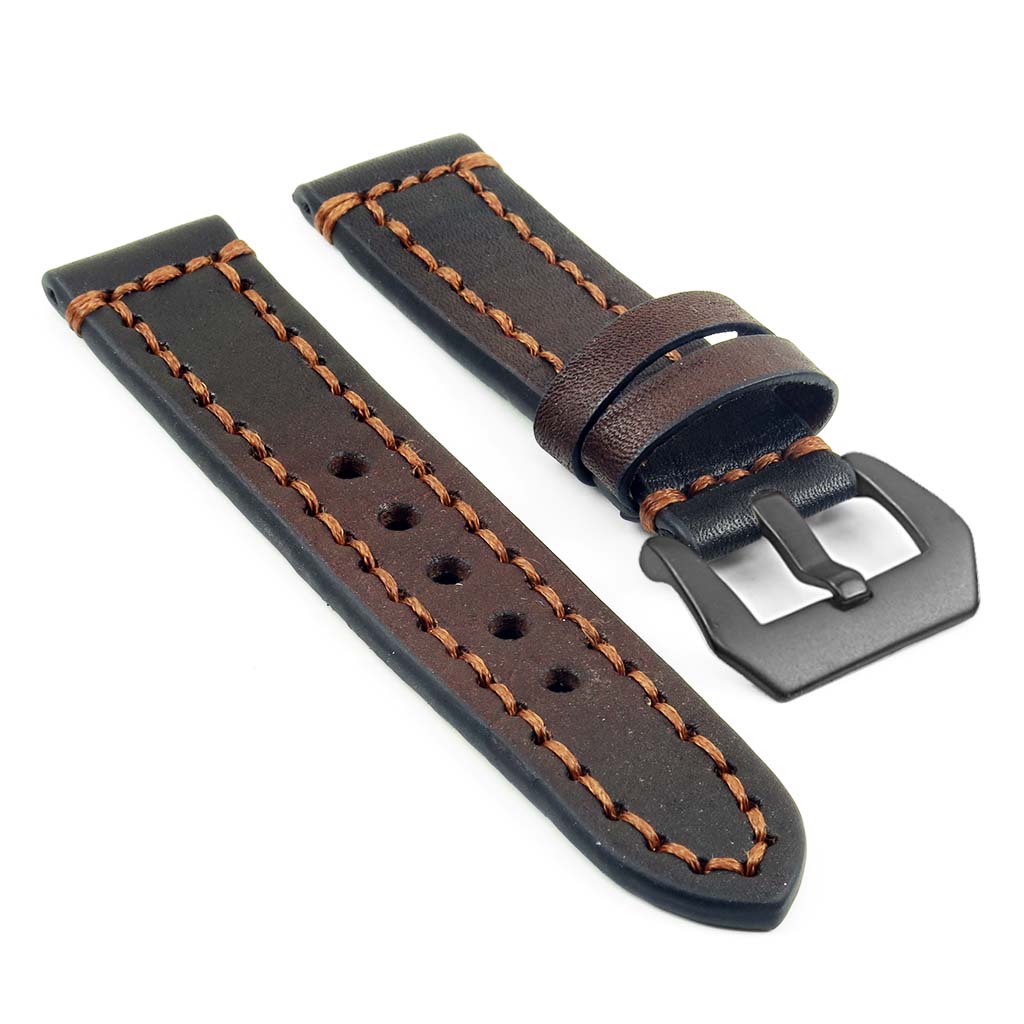 Thick Leather Strap with Darkened Ends w Matte Black Pre-V Buckle